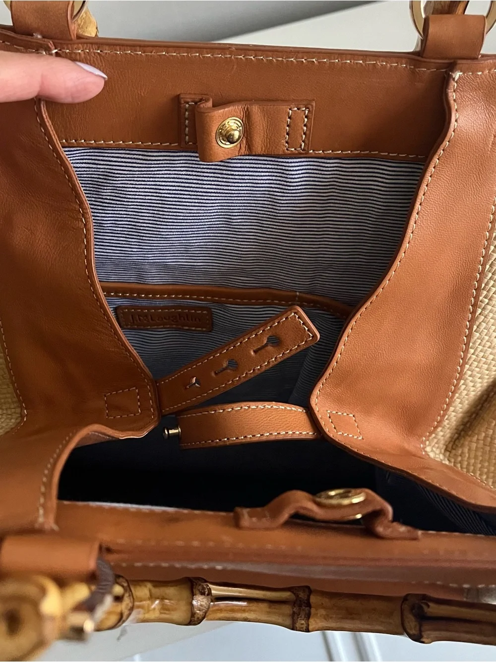 J. McLaughlin “Meeka” Bamboo, Wicker & Leather Tote Handbag Nantucket Style Bag - Picture 8 of 10